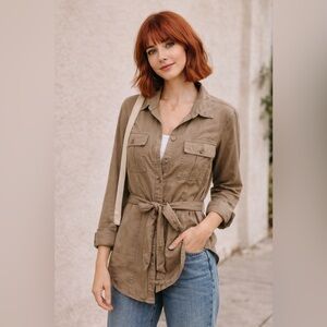 🤎 Level 99 Linen Blend Utility Cargo Minimalist Button-Up Shirt | Size Large